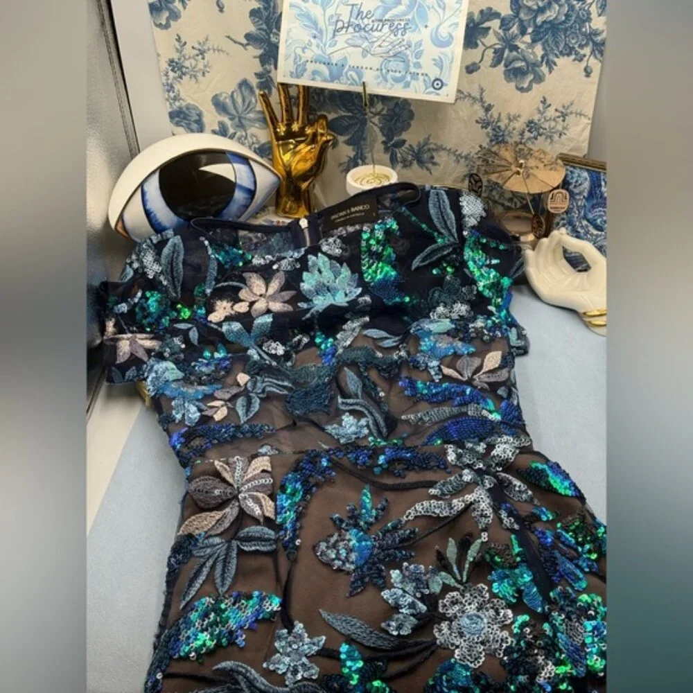 🆕 BRONX & BANCO🧿 NWOT Zinnia Side-Split Sequin Embroidered Gown, Navy Sz S US4 - Picture 10 of 13